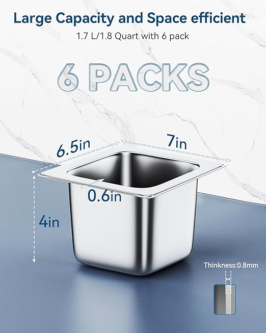 ZeroPone 6 Pack Hotel Pans 1/6 Size 4" Deep Steam Table Pan 22 Gauge Anti Jam Stainless Steel Hotel Food Pan