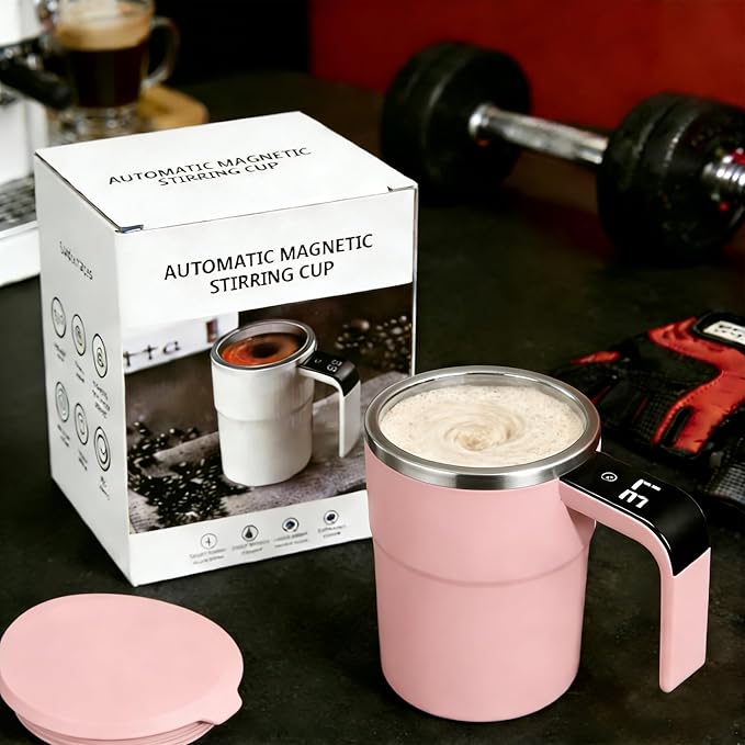 Electric Coffee Mug with a Built-in LCD Thermometer, Perfect for Protein Powder, Brewing Coffee, Milk, Cocoa, Etc, Self Mixing Coffee Mug (Pink)