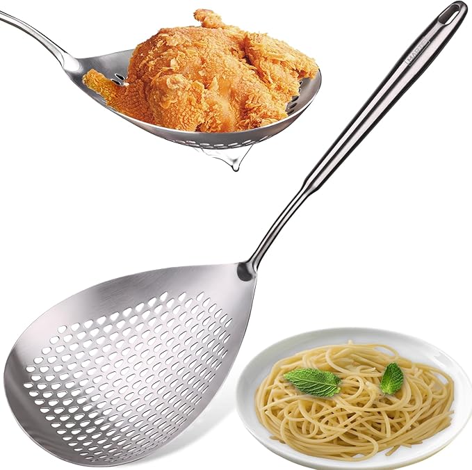 MARTE Skimmer Slotted Spoon -17in 304 Stainless Steel Pasta Spider Strainer Skimmer Ladle Spoon for Cooking and Frying - Kitchen Large Metal Scoop Colander Strainer Spoon with Heat Resistant Handle