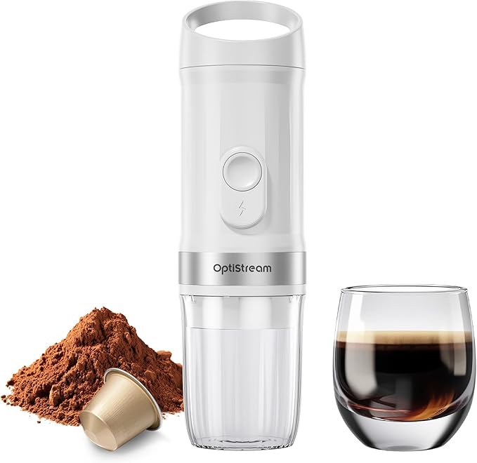 Optistream Portable Electric Espresso Machine, Travel Coffee Maker for Camping, Car Coffee Maker Self-Heating with USB-C, With Ground Coffee & NS Capsule for RV, Hiking, Office (White)