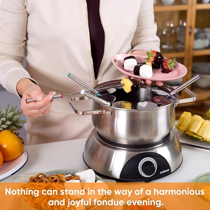 CUSIMAX 1500W Electric Fondue Pot Set, Fondue Pot for Chocolate, Cheese, Broth, Oil, Luminous Control Dial, Fondue Set with 8 Colour Coded Stainless Steel Forks, 1.4-Quart - Stainless Steel