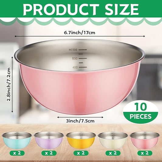 10 Pcs Stainless Steel Mixing Bowls 34 oz Metal Salad Bowls with Graduations Reusable Baking Food Containers Nesting Camping Bowl for Ice Cream, Salad, Soup, Baking, Sauces (6.7 x 2.8 Inch)