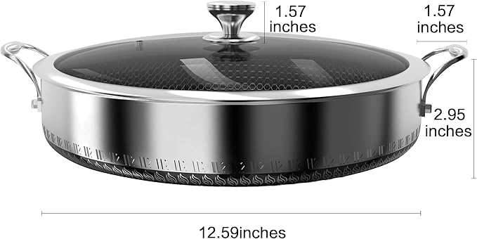 CATHYLIN 316L Stainless Steel 7QT Saute Pan Hexagon Nonstick Wok with Lid, Two Handle to Hold, PFOA Free, Dishwasher Oven Safe (12.5 inches,7QT)
