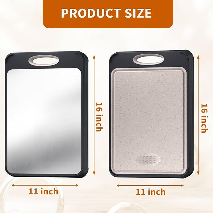 Cutting Board for Kitchen, Stainless Steel Double Sided Cutting Board for Chopping Meat/Vegetables, Stainless Steel/Wheat Straw PP, Kitchen Gifts Easy to Clean Large 16”×11”