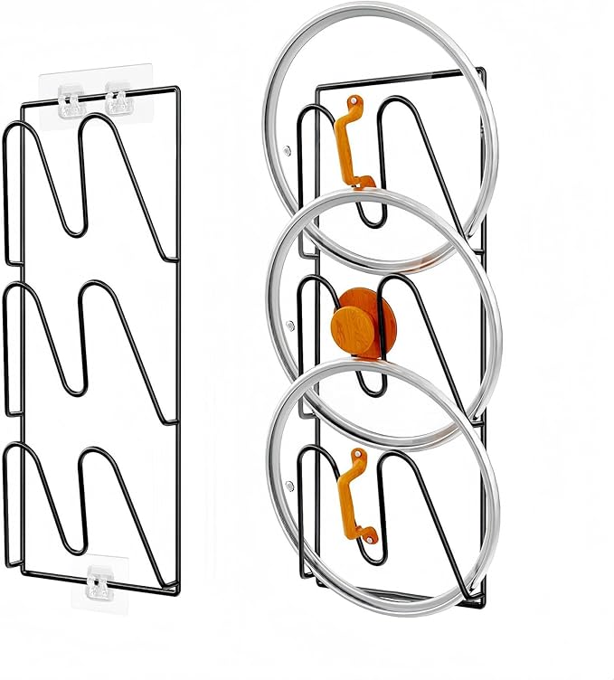 2 Pack Pot Lid Organizer for Cabinet Door, 3-Tier Stainless Steel Wall-Mounted Rack, Rustproof, Anti-Slip, No Drilling, Kitchen Storage Holder