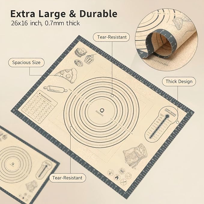 Silicone Baking Pastry Dough Mat - 26x16Inch Extra Large Cookie Bread Rolling Mats Sheet, Nonstick Kitchen Counter Kneading Board,Thick Reusable Pie Cookies Pizza Fondant Making Matt Measurement(Gray)