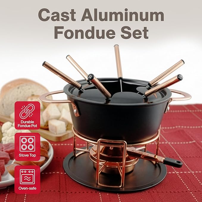 Swissmar Realp 11-Piece Cast Aluminum Fondue Set - Ideal for Melting Cheese & Chocolate Fondue, Oil & Broth Cooking - Perfect for Kitchen Collection & Wedding Gifts - 1.5 Liter / 1.58 Quarts