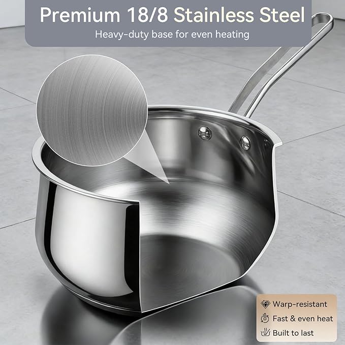 2.5QT Stainless Steel Saucepan with Steamer Basket and Glass Lid, 18/8 Food Grade Small Soup Pot with Steamer Insert, Induction Compatible, Heavy Duty Multi-Purpose Pot for Cooking & Steaming