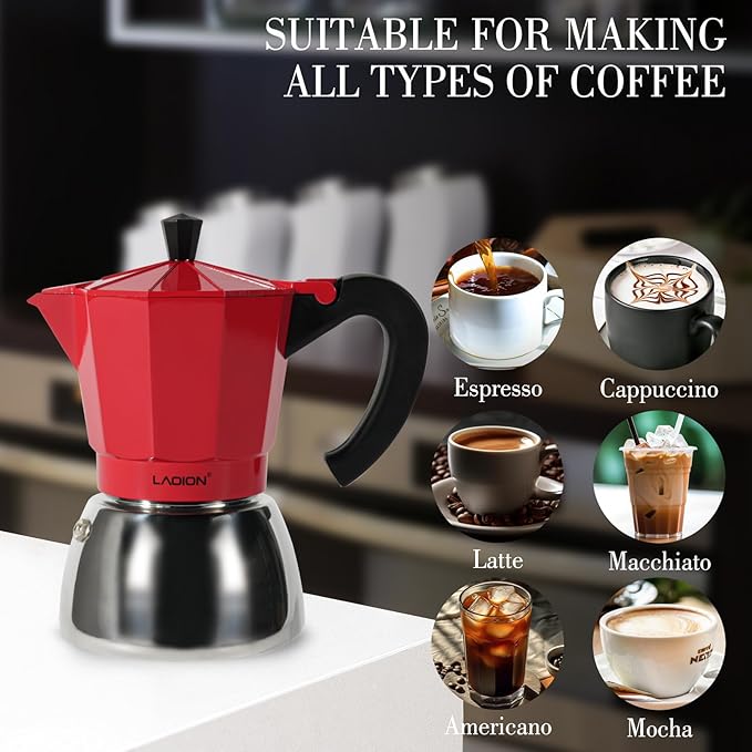 LAOION Stovetop Espresso Maker, 6Cup Moka Pot, Espresso Machine Compatible with Induction Cooktops, 300ml Stainless Steel & Aluminum Cuban Coffee Maker for Cafetera Cubana, Red