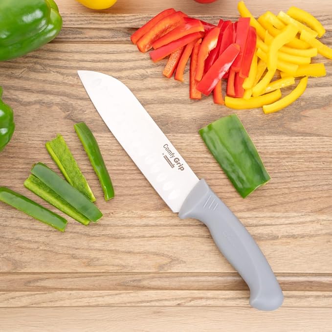 Restaurantware Comfy Grip 7 Inch Santoku Knife 1 Sharp Kitchen Knife - Ergonomic Handle Non-Slip Grip Gray Stainless Steel Japanese Chef Knife Dishwashable Granton Edge