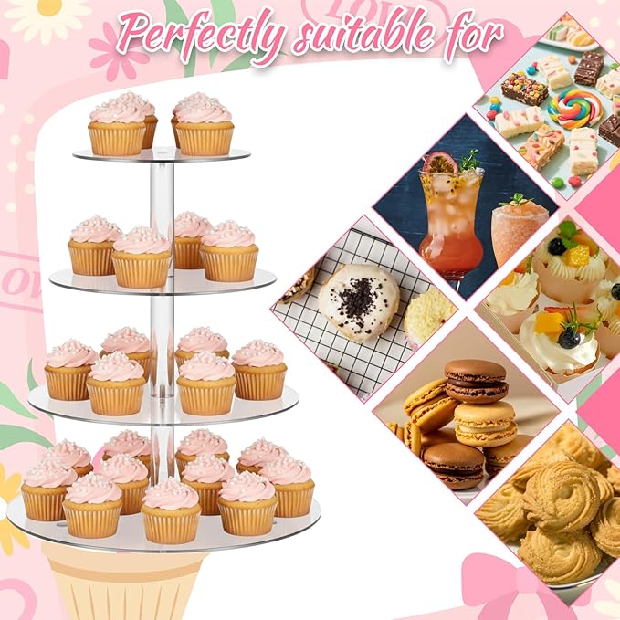 4 Tier Round Cupcake Stand, Cupcake Stands for Party Clear Cup Cake Display Dessert Table Display Cup Cake Tower Stand Thick for Weddings, Birthdays, Holidays