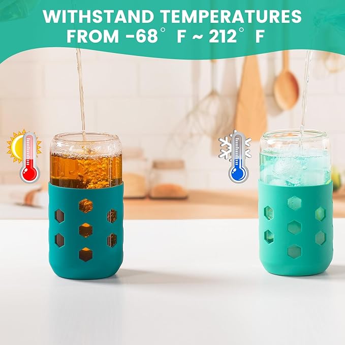 Glass Cups with Lids and Straws (4 Pack), 16oz Drinking Glasses Set with Silicone Sleeves for Coffee Bar Accessories Iced Coffee Cups with Lids, Glass Tumbler Reusable for Gifts