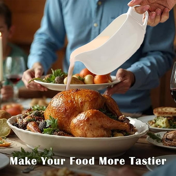 14 oz Gravy Boat with Tray, Ceramic Sauce Boat with Ergonomic Handle and Dripless Lip Spout for Salad Dressings, Creamer, Broth, Black Pepper, White
