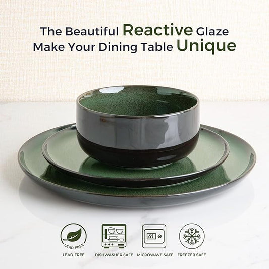 LERATIO Ceramic Plates Set of 6, 8.5 Inch Reactive Glaze Light Weight Porcelain Salad Plates,Modern Shape Dinnerware Dishes Set for Kitchen,Microwave&Dishwasher&Oven Safe,Resistant-Green