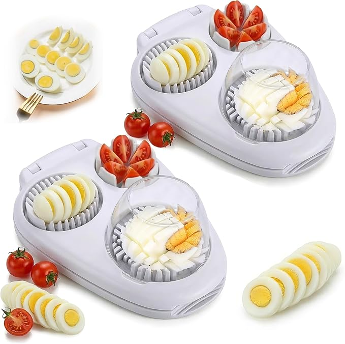 3-in-1 Heavy Duty Egg Slicer, Stainless Steel Blades with Multiple Cutting Modes for Hard Boiled Eggs, Mushrooms, Fruits, Kitchen Dicer Tool with Storage Container (2Pcs)