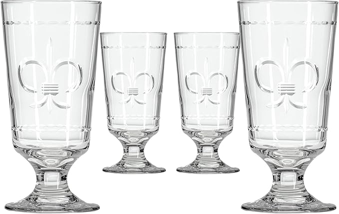 Rolf Glass Fleur De Lis Footed Highball Glass | Set of 4 10oz Footed Cocktail Highball Tumbler | Lead-Free Diamond-Wheel Engraved Glass | Made in the USA