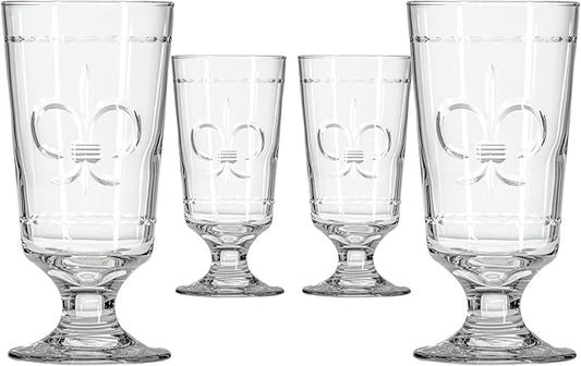 Rolf Glass Fleur De Lis Footed Highball Glass | Set of 4 10oz Footed Cocktail Highball Tumbler | Lead-Free Diamond-Wheel Engraved Glass | Made in the USA