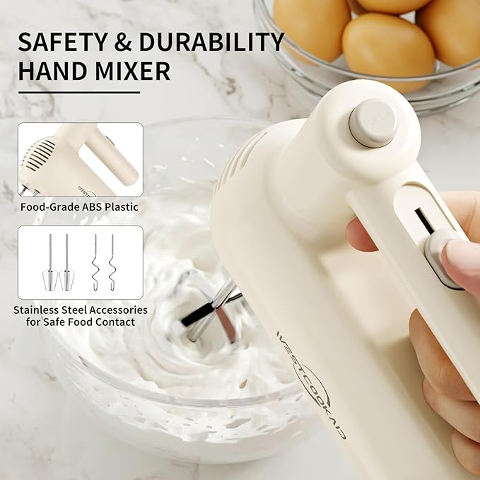 Hand Mixer, 5-Speed Mixer Electric Handheld with Turbo Ultra Power, 4 Stainless Steel Accessories Whipping Egg Cream, Small Hand Mixer for Baking Cake, Christmas Gifts for Women (White)