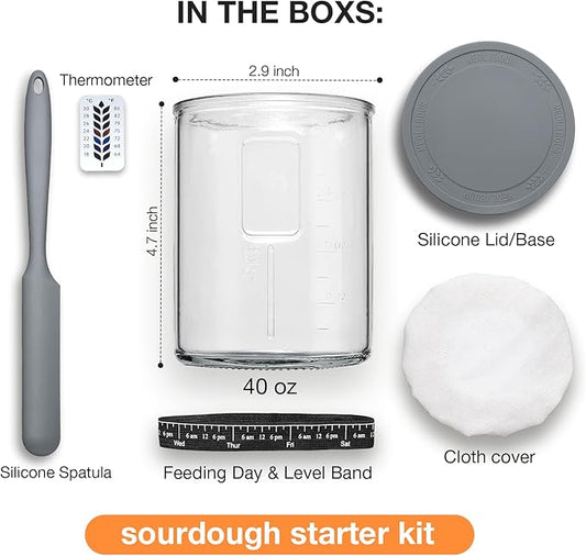 Premium Pro Sourdough Starter Jar Kit - 40oz Large Wide Mouth Sourdough Bread Jar with Marked Feeding Band, Thermometer, Scraper, Cloth Cover and Silicone Lid/Base, Glass Container, Baking Supplies