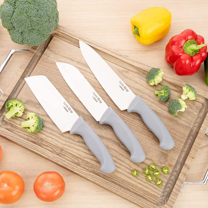Restaurantware Comfy Grip 6.5 Inch Vegetable Knife 1 Sharp Cooking Knife - Ergonomic Handle Non-Slip Grip Gray Stainless Steel Kitchen Knife Dishwashable Slice And Dice Fruits Or Vegetables