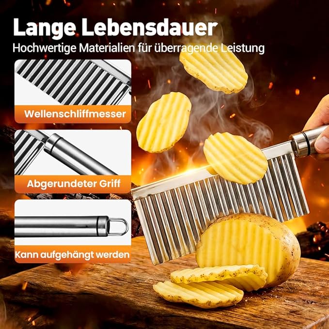 Crinkle Cutter Stainless Steel French Fry Cutter for Potatoes, Heavy Duty Wavy Chopper & Potato Slicer, All Stainless Steel Blade French Fries Cutter for Vegetable and Fruit (2pcs)