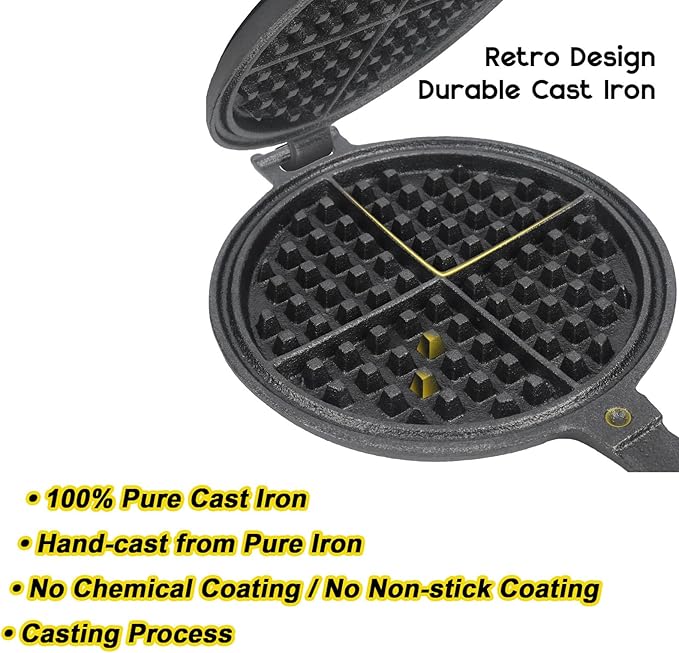 Cast Iron Waffle Maker for Stovetop or Camping Grill Two Piece Hinged Non Electric Waffle Iron Makes 8" Round Waffles