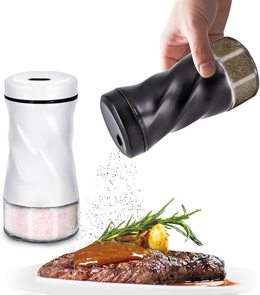 Farmhouse Salt and Pepper Shakers with Adjustable Pour Holes, Refillable Glass Salt Shaker with Stainless Steel Lids by NEODACO, Ideal for Himalayan, Kosher, and Black Pepper (Black & White)