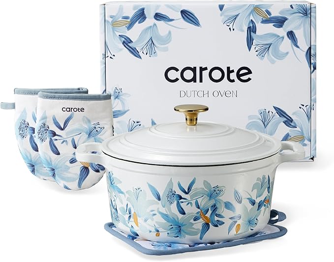 CAROTE 5 QT Cast Iron Dutch Oven Pot with Lid, Enameled Floral Dutch Ovens with Cotton Potholders & Oven Gloves, Gift Box, Cast Iron Pot for Sourdough Bread Baking, Braising, Stews, Roasting, Dual Handles, All Stovetop Compatible, Oven Safe up to 500° ...