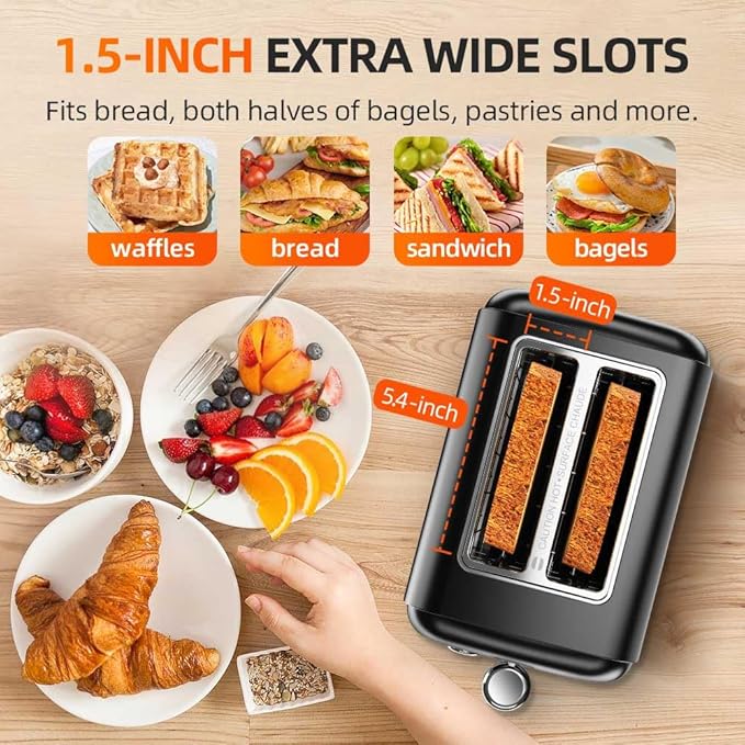 RAMJOY Black Toaster 2 Slice, Extra Wide Slot Toaster for Bagels, Bread, Waffles, 7 Shade Settings, 4 Main Functions, Removable Crumb Tray, 900 Watts Toasters, Black Stainless Steel