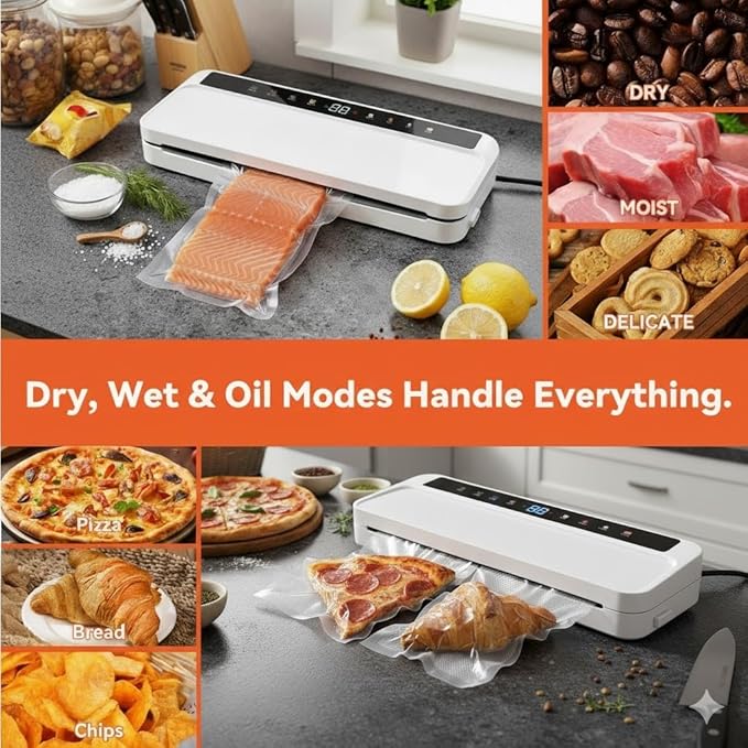 Food Vacuum Sealer Machine for Food, 8-in-1 Dry/Wet/Oil Modes Food Sealer Fit All Kind Bags with Water Tank & Digital Timer, Food Sealing Machine with Cutter & Starter Kit & 20 Vacuum Bags