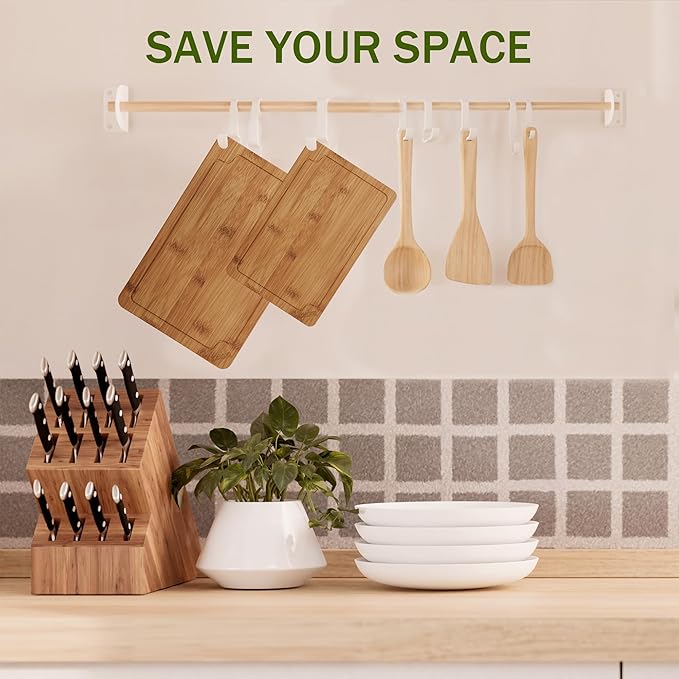 Bamboo Cutting Boards for Kitchen, Wood Cutting Board Set with Juice Grooves & Built-in Handles, Easy Storage & Clean Chopping Board for Meat, Vegetables, Fruit(2 Pcs)