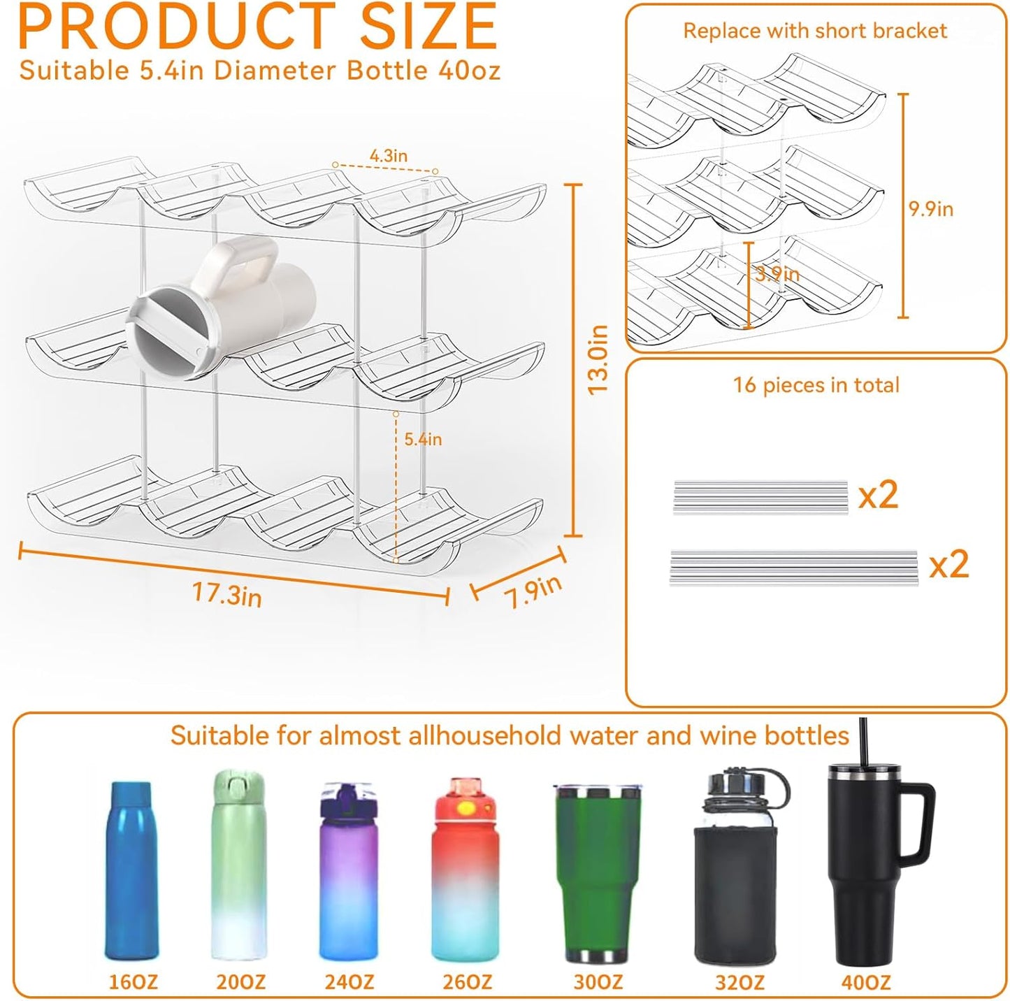 Yieach 3 Tier Stackable Water Bottle Organizer for Cabinets 40 oz Stanley Cup,Yeti and Other Tumbler Organizer,Larger Compartment Stanley Cup Holder,Waterbottle Storage and Wine Rack for Fridge