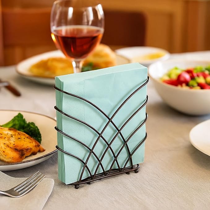 Criss Cross Metal Napkin Holder – Upright Tabletop Dispenser, Oil-Rubbed Bronze Finish, Modern Self-Standing Design with Raised Feet – Holds Paper Napkins for Kitchen, Dining, Bar