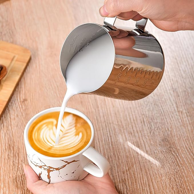 Milk Frothing Pitcher Cappuccino Coffee Milk Frother Cups Stainless Steel,12oz/20oz/34oz Steaming Pitcher Coffee Bar Espresso Machine Accessories Milk Jug,Measurements Inside(size:20oz)