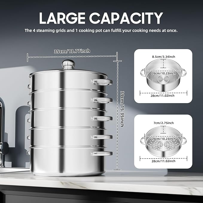 5 Tier Steamer Cooker,Home Steam Pot Set,Multi tier Stainless Steel Kitchen Cookware Hot Pot for Cooking Vegetables, Seafood, Soups, Stews and Pasta (Silver, 11 * 17.71 in)