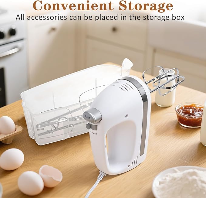 KBOBEY 450W Electric Hand Mixer, 5-Speed Handheld Mixer with Storage Case, Turbo & Eject Button, Includes 2 Beaters & 2 Dough Hooks for Baking, Cake, Egg, Cream (White)