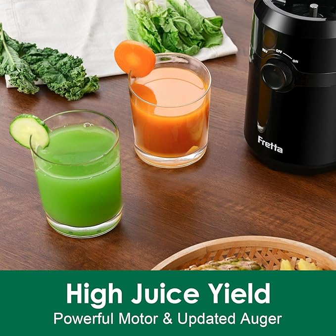 Juicer Machines,Fretta Cold Press Juicer with 4.25" Large Feed Chute,Fit Whole Fruits & Vegetables,High Juice Yield,PCTG Material,BPA-Free,Black