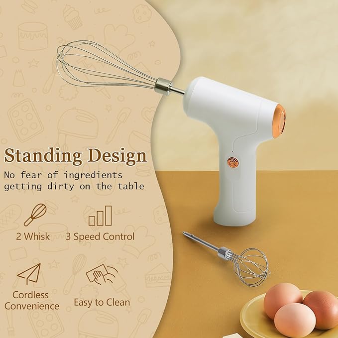 CHIDOYII Cordless Hand Mixer, Handheld Electric Whisk with 3 Speed Modes, Hand Held Egg Beater with 2 Detachable Stir Whisks (White)