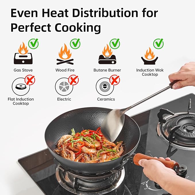 VIVIDCOOKWARE 11 Inch Round Bottom Wok, Cold-Forged Iron Wok with Glass Lid, Carbon Steel Wok with Wooden Handle, Heavy-Duty Stir Fry Pan for Gas Stoves and Round-Bottom Induction Stovetop