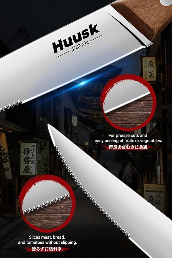 Huusk Steak Knives Set of 6 with Drawer Organizer-4.5 in Japanese Serrated Steak Knife Set with Block, Serrated & Straight Dual-Edge, Stainless Steel Steaks Knives with Holder, Christmas Gifts for Men