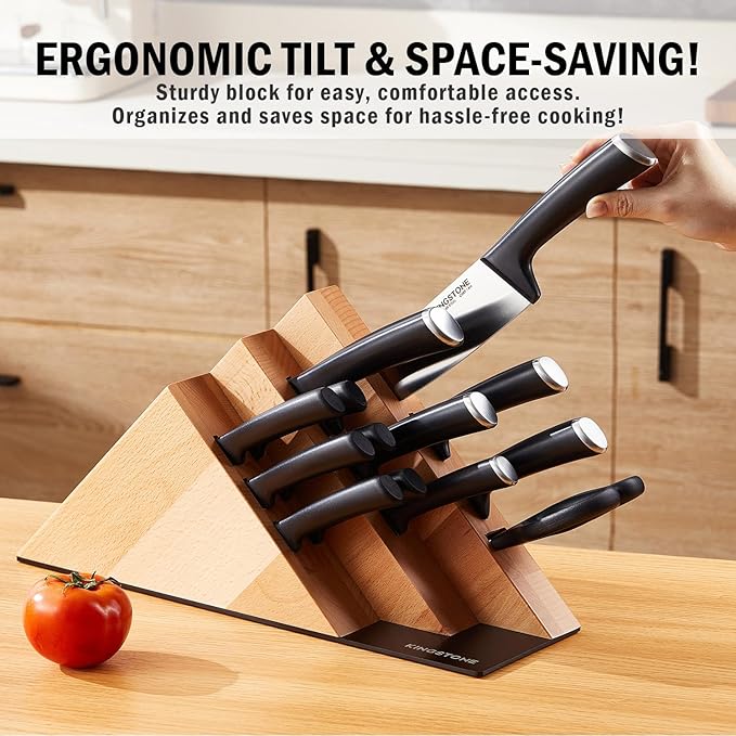 KINGSTONE 14-Piece Knife Block Set, Precision-Honed High-Carbon Stainless Steel Knives with Long-Lasting Sharpness, Ergonomic Balanced Handles for Home & Serious Cooks, Natural