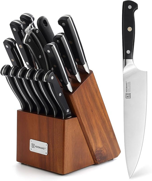 KEEMAKE Knife Block Set, 15Pcs High Carbon Stainless Steel Kitchen Knife Set with Block, Ultra Sharp Knives Set for Kitchen with Knife Sharpener Kitchen Scissors, Forged Chef Knife Set