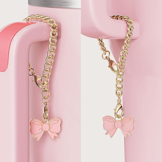 Compatible with Stanley Cup Accessories - 3Pcs 10mm Bow Straw Topper Compatible with Stanley Cup Straw Cover Cap, 2pcs Pink White Bow Charms for 30&40 Oz Tumbler with Handle