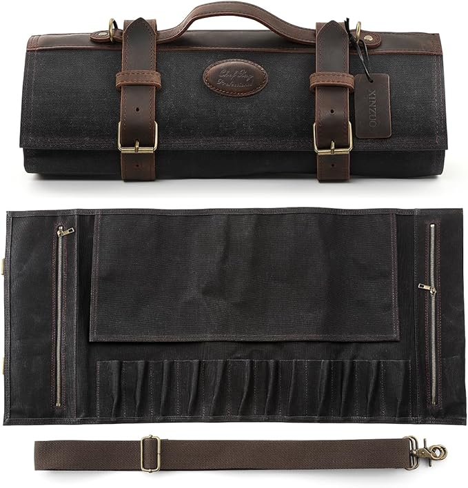 XINZUO Chef Knife Roll Bag Professional,16oz Waxed Canvas and Crazy Horse Leather,12 Slots Plus 2 Zipper Pockets,Adjustable Shoulder Strap-Travel Tool Roll Pouch(Bag Only)