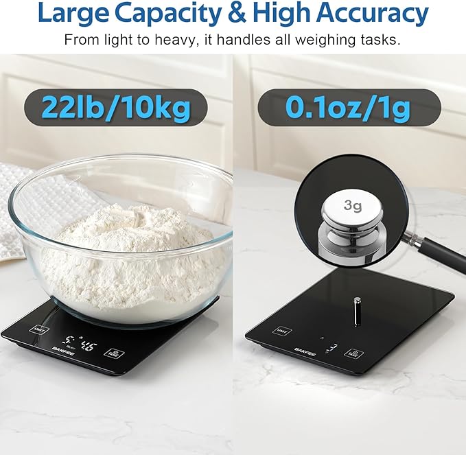BAKFEE IP67 Waterproof Food Scale with Tempered Glass Surface, 22lb Kitchen Scale 1g Precision, USB Rechargeable, LED Display, Grams and Ounces, for Baking, Cooking, Making Sourdough Bread. Black