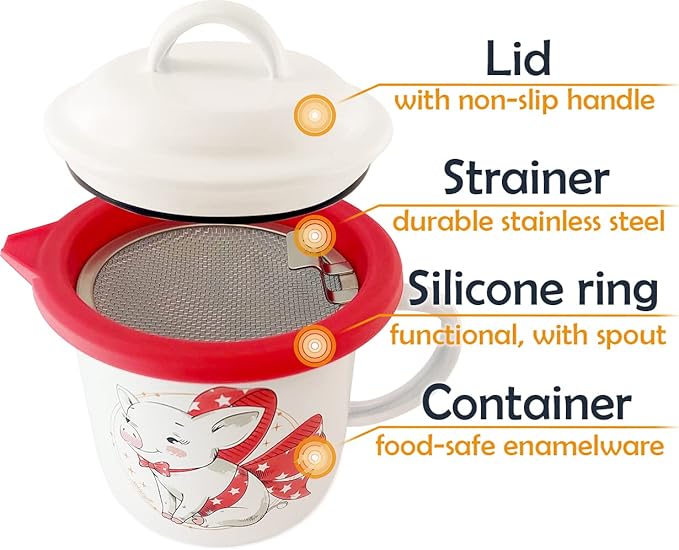 NobleEgg Bacon Grease Container with Strainer, 650 ml | 22 oz. Removable Silicone Ring Protector and Lid, Enamel Ceramic, Cute Piggy Farmhouse Decor