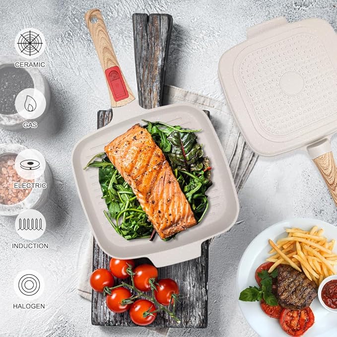 RANX INGST Griddle Pan with Lid, 10 Inch Cast Aluminium Non Stick Steak Pan with Detachable Handle for Induction Hob, White