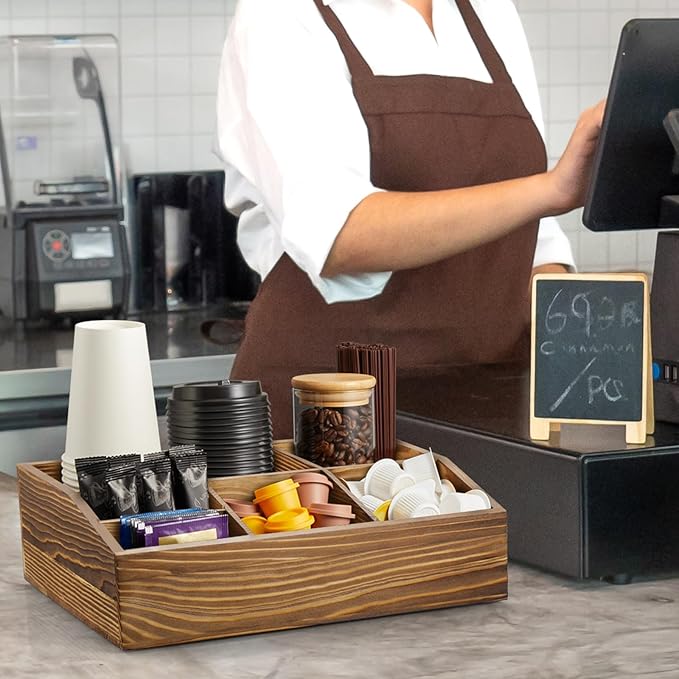 Burnt Wood Coffee Station Organizer for Countertop, Coffee Bar Accessories and Organizer, Rustic Coffee Pod Holder Storage Basket for K Cup Sugar Tea