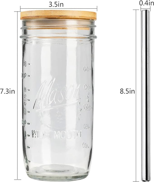 Mason 4 Pack Reusable Tea Cups, Glass Jars 24oz Wide Mouth Smoothie Cups with Bamboo Lids and Silver Straws, Drinking Glass Bubble Tea Cups for Iced Coffee Travel Bottle
