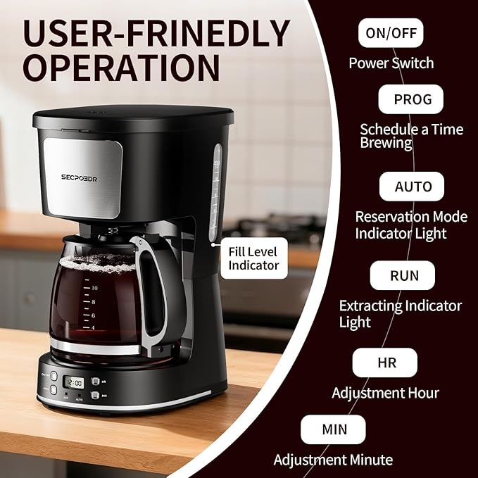 SECPOEDR 12-Cup Drip Coffee Maker with Reusable Filter,Programmable Clock,Auto Brew,Water Window,Keep Hot Plate,Glass Carafe,Compact Design for Kitchen,Office,Silver and Black,Stainless Steel